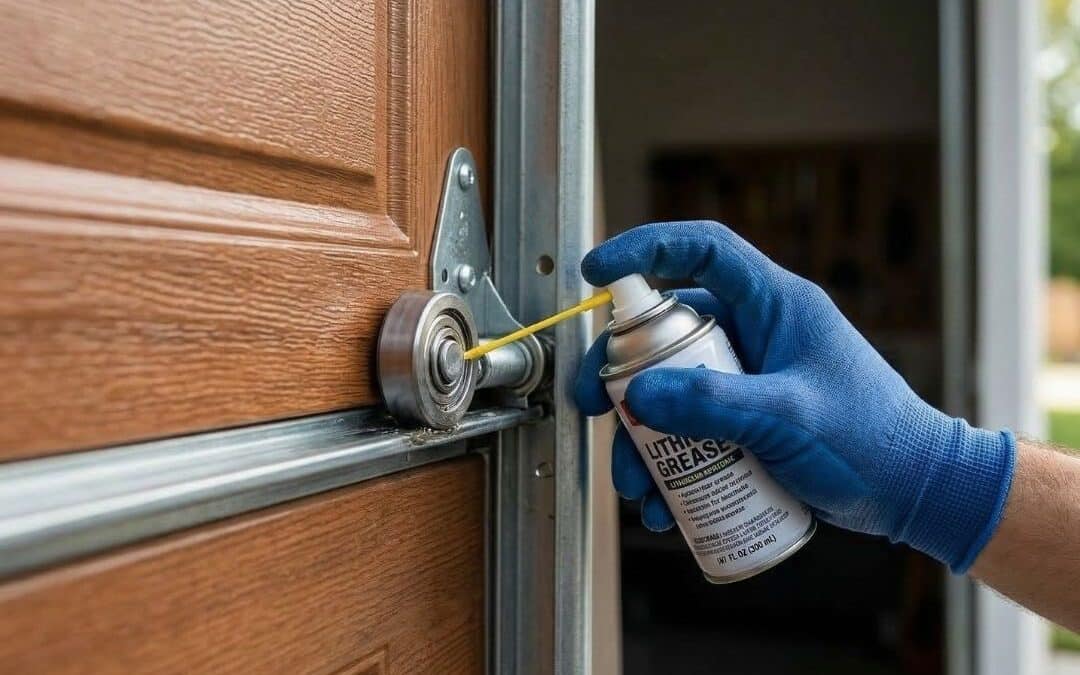 Professional garage door tune-up showing a technician applying silicone lubricant to the rollers and tracks.