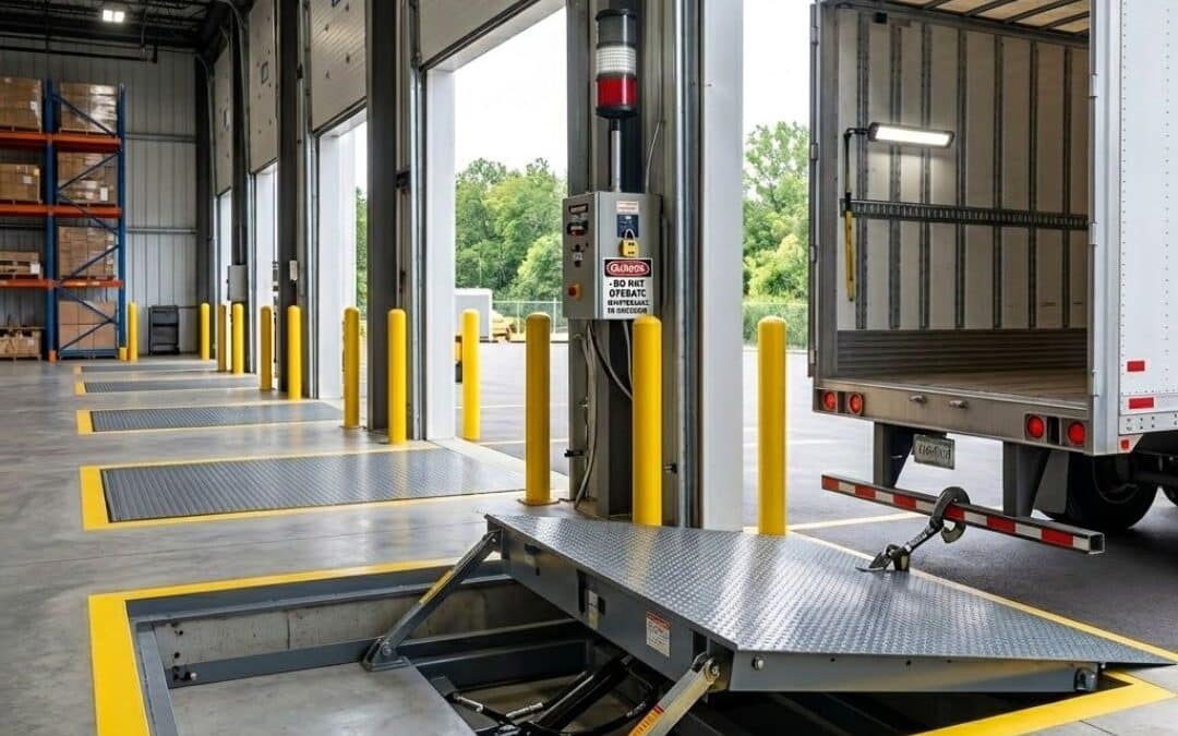 Modern loading dock safety equipment in a Springfield warehouse featuring an active vehicle restraint and hydraulic dock leveler.