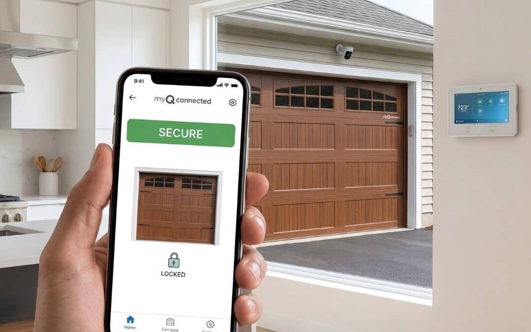 A hand holding a smartphone displaying the myQ app 'Secure' status, with a modern wood-grain garage door visible through a window.