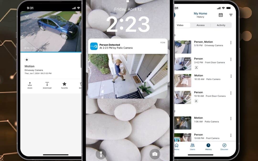 myQ-C43AXXW Smart Outdoor Camera integrated into a LiftMaster garage door opener, highlighting the 2026 industry standard for home security.