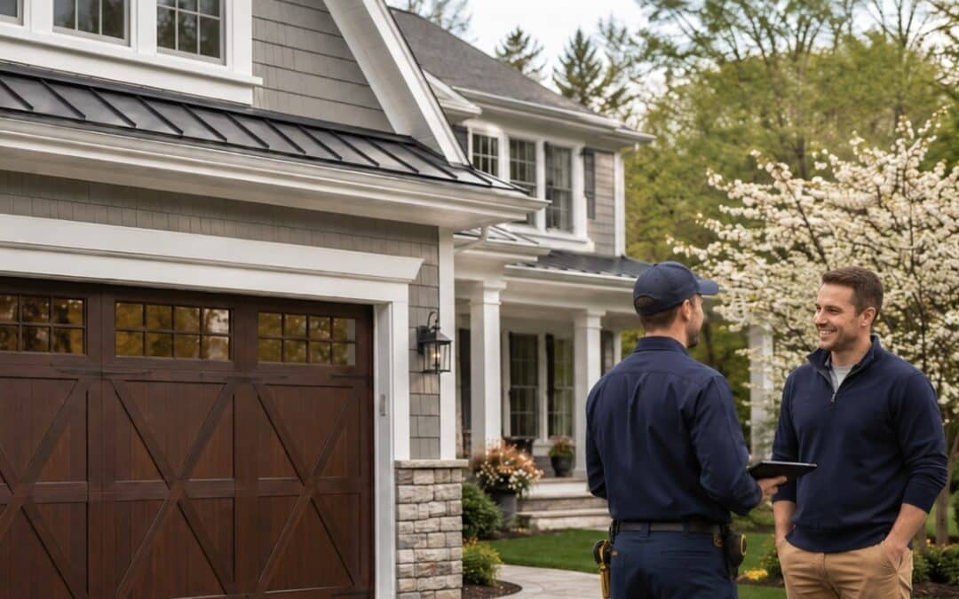 man outside talking to a Garage Door Installation Specialist in Longmeadow with custom wooden garage door in background.