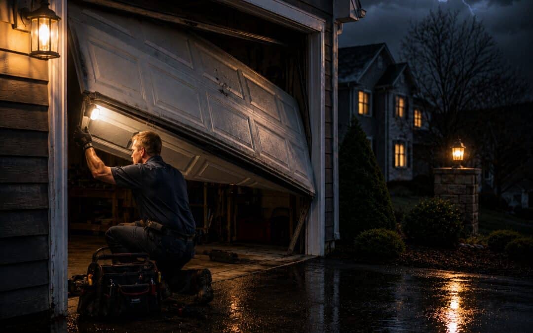 Technician performing emergency garage door repair on a damaged residential door during a nighttime storm