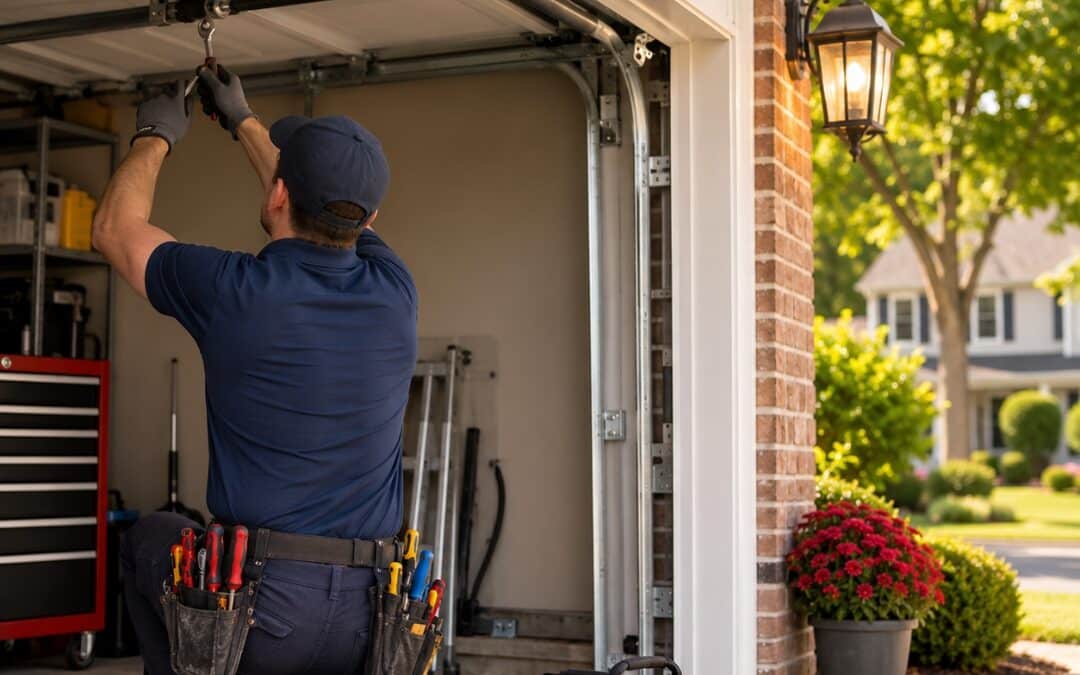 Technician performing garage door repair at a residential home in Chicopee, MA