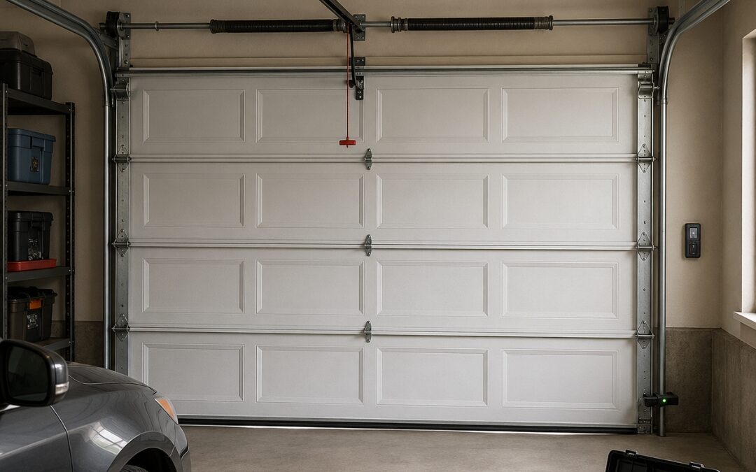 Residential garage door that won’t open with opener, tools, and safety sensors visible