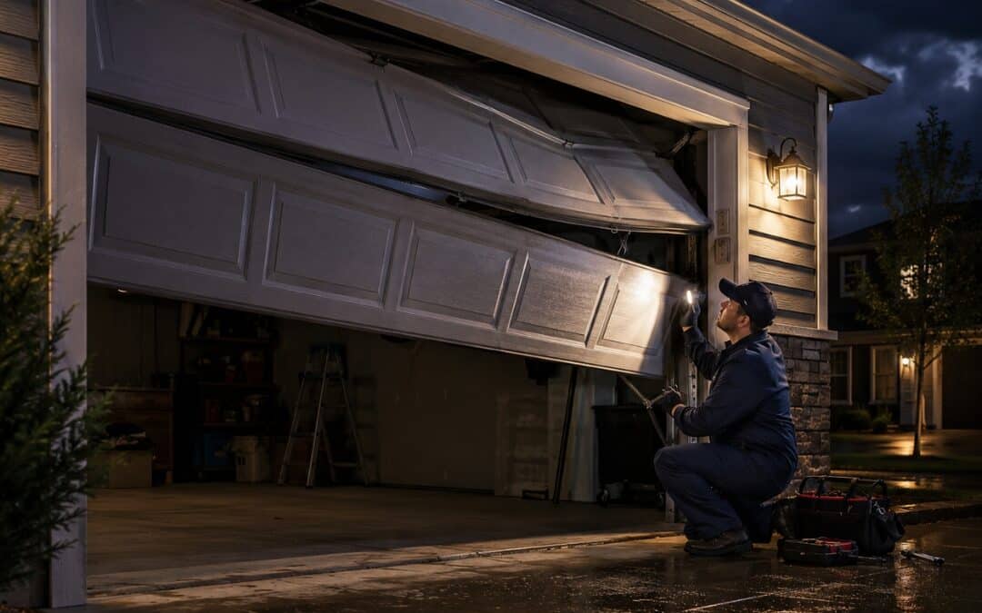 Emergency garage door repair technician fixing a damaged residential garage door at night