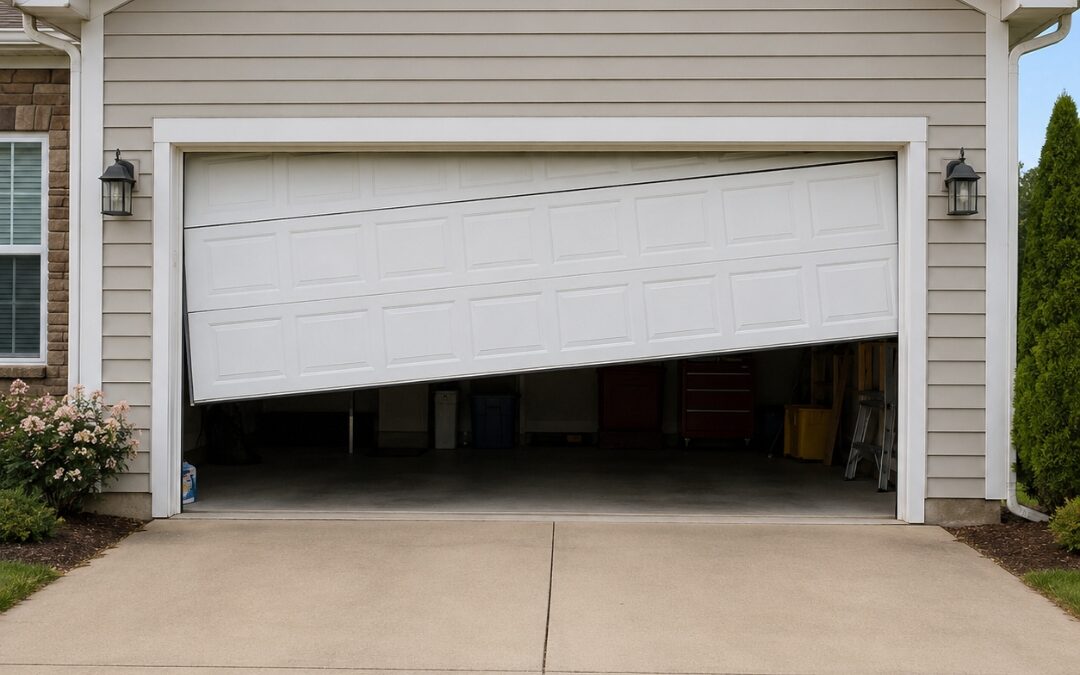 Crooked garage door opening unevenly at a residential home