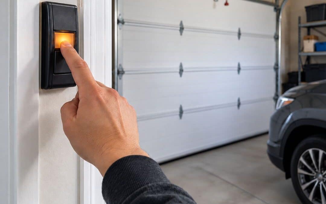 Hand pressing a garage door wall control inside a residential garage