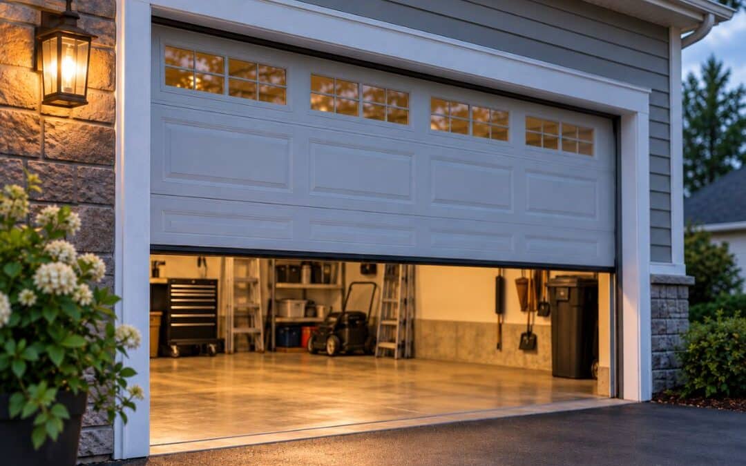 Residential garage door partially open on its own at dusk