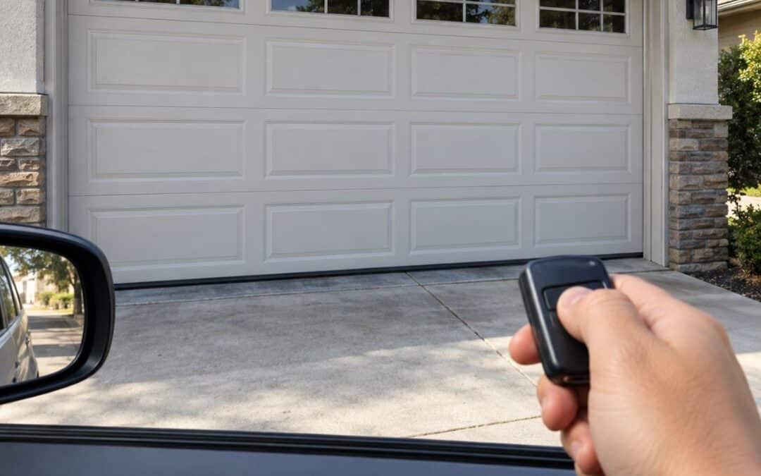 Hand pressing a garage door remote from inside a vehicle near a closed residential garage door