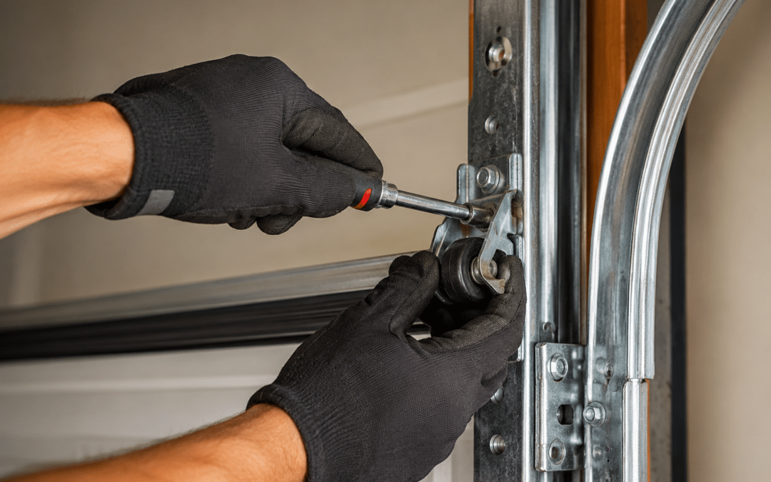 Gloved technician hands repairing a garage door roller and track assembly